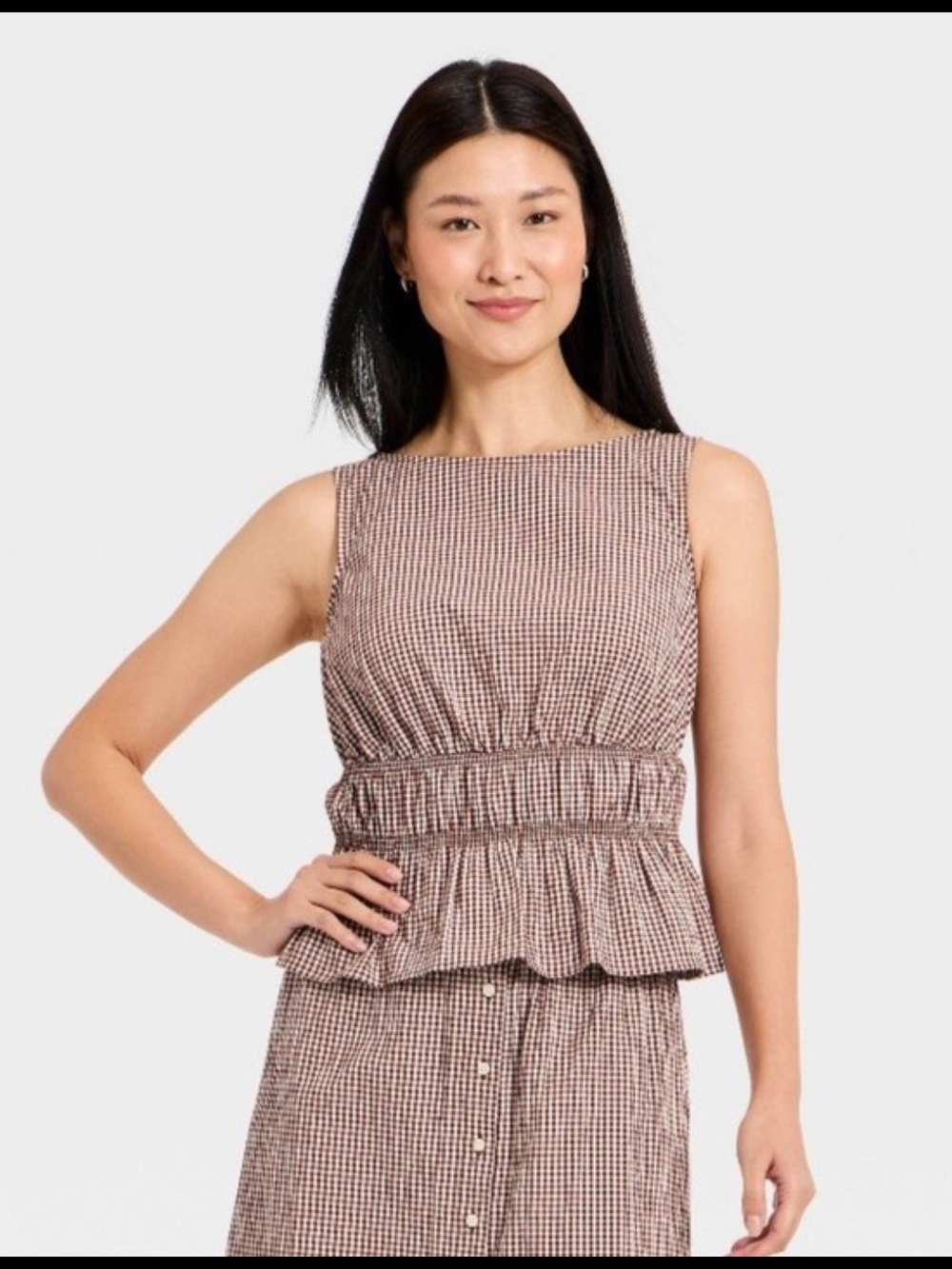New Day Brown Gingham Seersucker Peplum Top 1X NWT